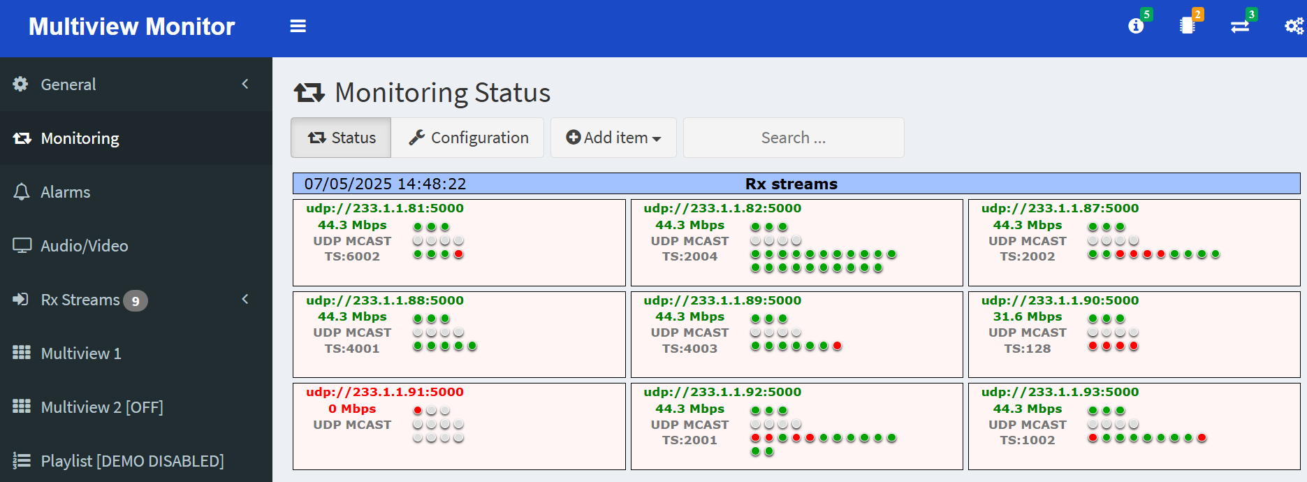 Multiview Stream Monitor live monitoring status
